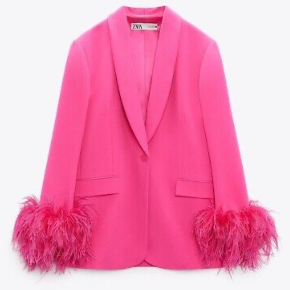 Zara Pink Feather Cuff Blazer